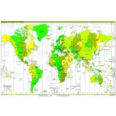 Image of laminated STANDARD TIME ZONES WORLD MAP POSTER size 15X22.5 inches educational teaching resource wall chart