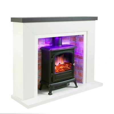 Image of Endeavour Fires Farlington Electric Fireplace, Black Log Burner Stove in 48’’ Off White Surround, LED Downlights with Remote Control (Grey Top/Red Brick)