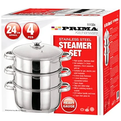 Image of 24 cm Prima Steamer Set 4 Pcs Stainless Steel Glass Lid 3 Tier Pot CAPSULATED Bottom Home Cook Chef Healthy Vegetable Chicken Meat Fish Salmon UK Free P&amp;P