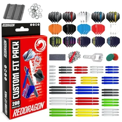 Image of 200 Piece Darts Custom Fit Pack Set Dart Flights Shafts (Stems) Trident 180&#039;s Flight Savers Finger Grip Wax Rings Toolkit Bottle Opener Point Sharpener Protectors