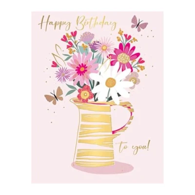 Image of Words N Wishes Female Birthday Card General for Women Jug of Flowers with Embossed Foil Details Eco Friendly and Recyclable