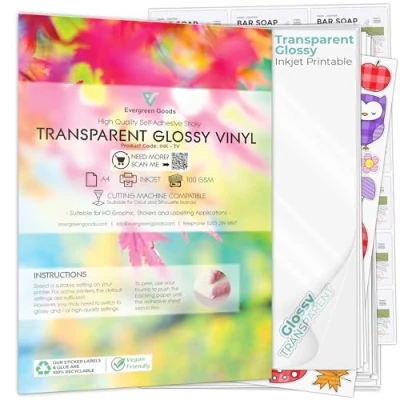 Image of Evergreen Goods A4 Quality Glossy Transparent Self Adhesive Vinyl Inkjet Printable Make Your own Stickers Sticky Back Clear PVC Non Waterproof Print (Transparent (50 Sheets))