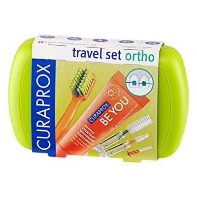 Image of Curaprox Travel Set Ortho Green, Toothbrush, interdental Brush, Toothpaste 10ml, Box