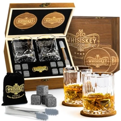 Image of WHISISKEY Whiskey Glass Set Gift Sets for Men Whisky Birthday Gifts Rum Tumblers Mens with 2 Glasses, 8 Stones, Accessories