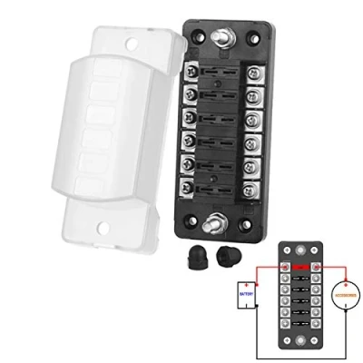 Image of Jtron 6 Compartment Car Fuse Box for ATO/ATC 1 20A Fuse, DC 32V, M5 Screw Connector, Holder with Car, Boat, Marine, SUV (6 Way, No Negative)