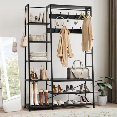 Image of YITAHOME Coat Rack Stand with Shoe Storage, Free Standing Hall Tree Bench Industrial 9 Hooks and 5 Shelves Clothes Rail for Bedroom Living Room Hallway Entryway, Black