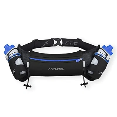 Image of Fitletic Hydration Running Belt with Water Bottles (2X 250ml) Bum Bag Adjustable Strap and Gels Holder Ideal Waist Smart Phone for Men Women (S/M) (Black/Blue)