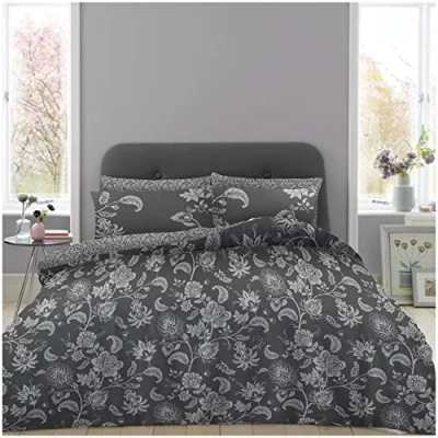 Image of Super Dreamer Paisley Duvet Cover and Pillowcases, Printed Double Fitted Sheet, Reversible Floral Complete Bed Set, Grey