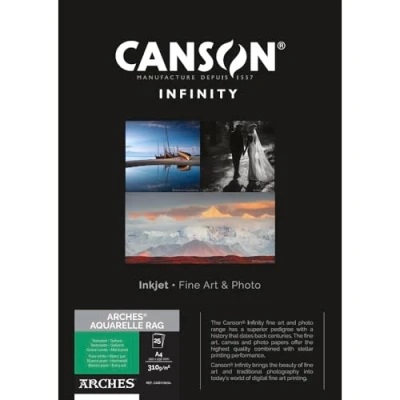 Image of Canson Infinity Arches Aquarelle Rag Watercolour Textured Inkjet Photo Paper, 310gsm, 21 x 29.7 cm, 25 Sheets, Acid Free, Ideal for Professional Photographers