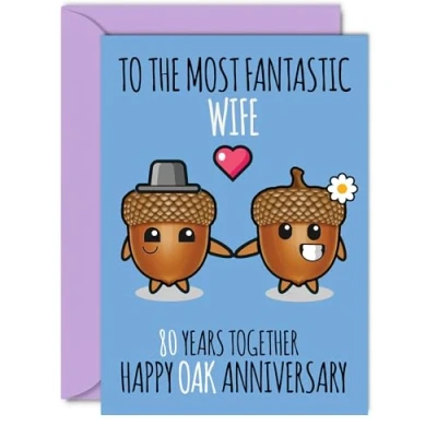 Image of Cute Oak Anniversary Card for Wife 80 Years Together Happy 80th Wedding Cards from Husband, A5 Greeting Eightieth Anniversaries