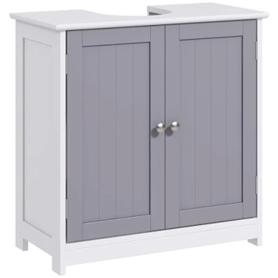 Image of kleankin 60x60cm Under Sink Storage Cabinet w/Adjustable Shelf Handles Drain Hole Bathroom Space Saver Organizer White and Grey