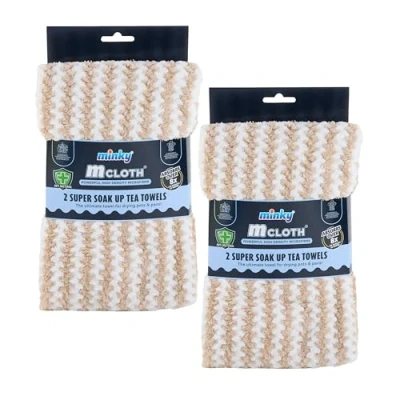 Image of Minky Super Soak Up Tea Towels Beige Pack of 4, Ultra Absorbent, Powerful High Density Microfibre, Anti Bacterial Formulation, Hanging Tag For Easy Storage, Machine Washable (4, Beige)