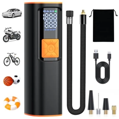 Image of GarageRock Cordless Tyre Inflator Portable Air Compressor Car Pump, 150psi Mini Compressor, Rechargeable, Digital Screen, LED Light, Auto Pump For &amp; Bikes Motorcycle Tyres, Balls, Black