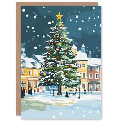Image of Artery8 Decorated Tree Town Square Winter Snow Blank For Him Or Her Art Xmas Festive Christmas Card