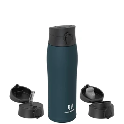 Image of Super Sparrow Insulated Water Bottle Travel Mug 750ml Stainless Steel Bottles BPA Free Leakproof Metal Includes 2 Lids, Straw Lid &amp; Spout