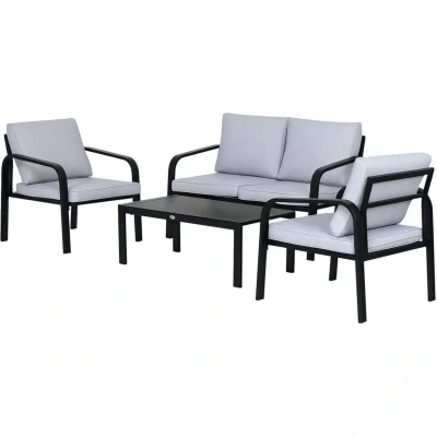 Image of Outsunny 4pcs Garden Sofa Set 2 Single Armchair, 1 Bench &amp; Coffee Table Aluminum Frame Patio Furniture with Cushions, Black