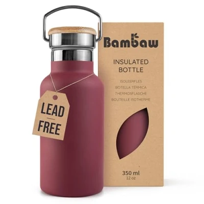 Image of Bambaw Insulated Water Bottle 350ml, Red Bottle, Stainless Steel for Kids, Leakproof Metal Running Berry
