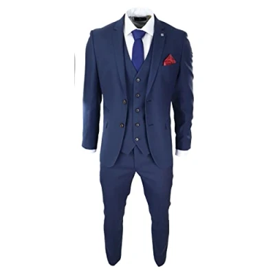 Image of Mens Navy 3 Piece Suit Tailored Fit Smart Formal Classic Wedding Retro Vintage 52