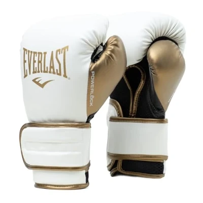 Image of Everlast Powerlock2 Boxing Gloves White/Gold 14oz Enhanced Performance and Style. Ideal Training for