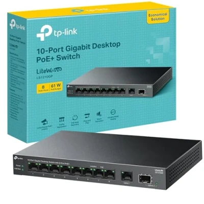 Image of TP Link 10 Port Gigabit Desktop Switch with 8 PoE+, 61 W PoE Budget, 30 output, Up to 250m Transmission. Traffic Separation, Plug and Play, Fanless, Metal Case (LS1210GP)