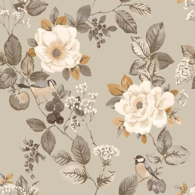 Image of Bramble Floral Beige Wallpaper Naturistic Birds Leaves Flowers Classy Stylish Trendy Feature Wall