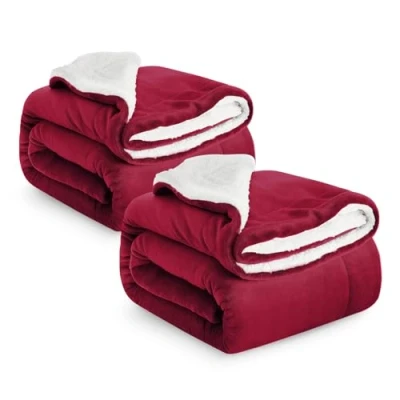 Image of IR Imperial Rooms Sherpa Fleece Blanket 2 Pack Bed Throws Blankets For Sofas Soft Fluffy Thick Reversible Microfiber Throw (Burgundy, Double (150 x 200 Cm))