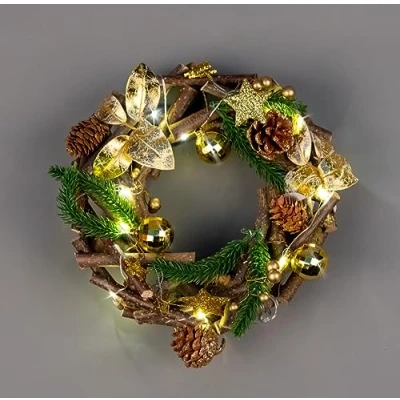 Image of 22cm Prelit Wreath Battery Operated Wooden Twigs Base Decorated with Golden Baubles,Berries,Leaves,Stars,Foliage,Pine Cones, Micro Rice LED Lights Christmas Home Hanging Decoration