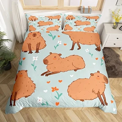 Image of Cartoon Capybara Duvet Cover Set Single Size, South America Animal Bedding 2pcs for Kids Boys Girls Room Decor, Botanical Floral Comforter Soft Polyester Quilt with 1 Pillowcase
