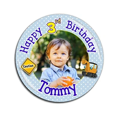 Image of Large 75mm Personalised Boys Digger 1st 2nd 3rd 4th 5th 6th 7th Happy Birthday PHOTO Badge N44 *Select from 3 Backing choices Pin Back/Magnet Back/Mirror Bac