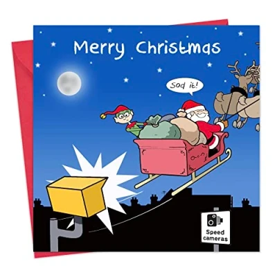 Image of Twizler Merry Christmas Card with Speeding Santa Happy Xmas Funny Womens for Her Female Mens Him Male