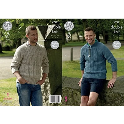 Image of King Cole 4747 Knitting Pattern Mens Raglan Sleeve Sweater in Merino DK,Multicolor,36&quot; 50&quot; chest