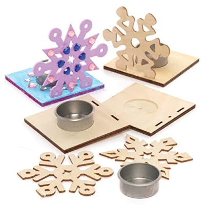 Image of Baker Ross FE890 Snowflake Wooden Tealight Kits Pack of 4, Holder to Decorate and Display, Crafts for Children, Ideal Kids Arts Project