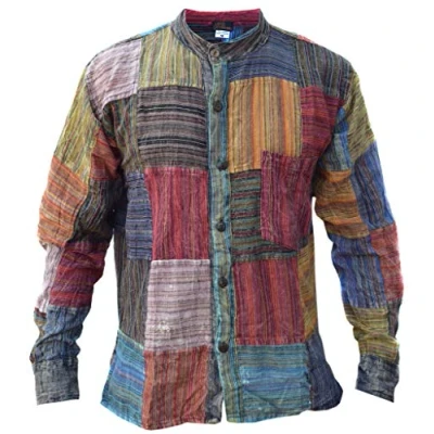 Image of LITTLE KATHMANDU Men&#039;s Patchwork Striped Grandad Summer Festival Kurta Shirt, Multicoloured, M