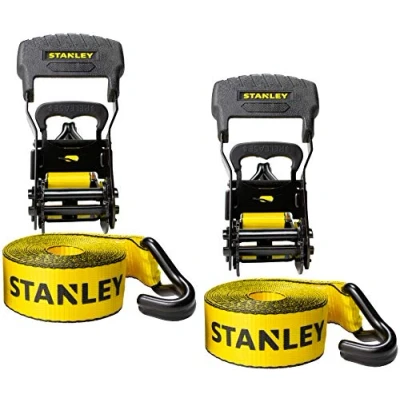 Image of STANLEY S1007 Black/Yellow 1.5&quot; x 16&#039; Ratchet Tie Down Straps 1,100 lb Safe Working Load / 3,300 Break Strength, 2 Pack