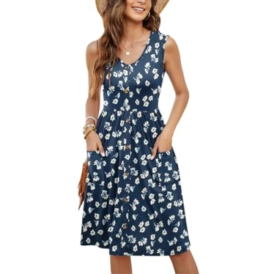 Image of MOLERANI Summer Dress for Women UK Ladies Casual V Neck Beach Swing Button Midi Sundress with Pockets Floral Navy L