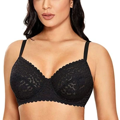 Image of DOBREVA Women&#039;s Unlined Lace Minimizer Bra Plus Size Underwire Full Coverage Black 34D