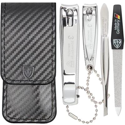 Image of 3 Swords Germany manicure set with toe nail clipper, finger file and tweezers brand quality since 1927