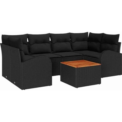 Image of vidaXL 7 Piece Garden Sofa Set with Cushions Black Poly Rattan Acacia