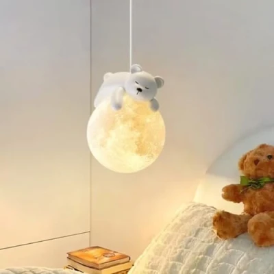 Image of GUANSHAN Sleeping Bear Moon Pendant Lamp 3D Pendent Light Bedside Ceiling Creative Hanging Decorative Chandelier for Bedroom,Children&#039;s Room