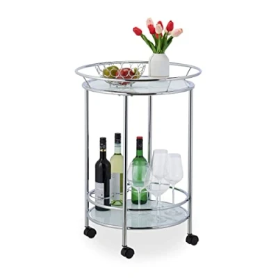 Image of Relaxdays Serving Trolley, 4 Castors, HxØ: 77 x 56 cm, Cart for Drinks and Snacks, 2 Glass Round Shelves, Silver Frame