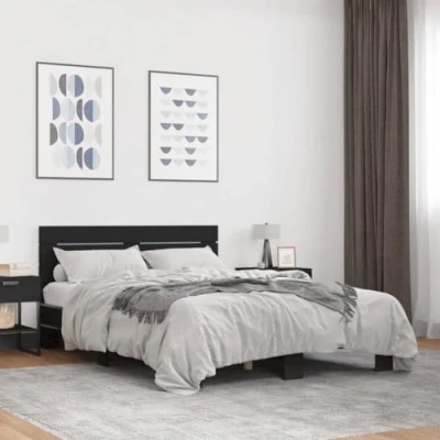 Image of vidaXL Black Double Bed Frame 135x190 cm Engineered Wood &amp; Metal Base, Plywood Slats, Modern Bedroom Furniture