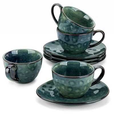 Image of vancasso Starry Cup and Saucer Set, Ceramic Coffee Set for 4 People, 270 ml Afternoon Tea Espresso Cup, Cappuccino Suitable All Kinds of Drinks, Green