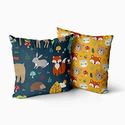 Image of Happy Linen Company Girls Boys Kids Woodland Friends Animals Navy Blue Square 43cm x Reversible Cushion Covers