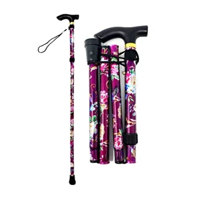 Image of Walking Stick Easy Adjustable Height Folding Extendable Cane Aid Mobility Collapsible Lightweight Flexible And Durable HTUK® (Purple Flower)