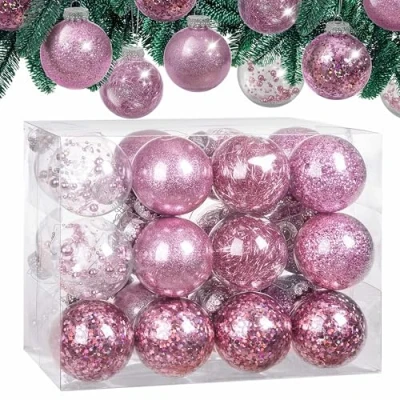 Image of CASARIA® Christmas Baubles 24 Piece Set Shatterproof Transparent Plastic Ornaments 6cm Diameter Customisable Pink Ideal for Tree Decorations and Festive Home Décor