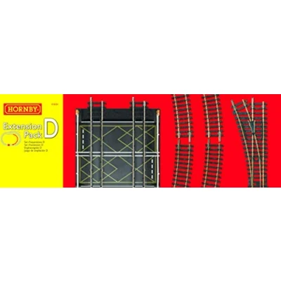 Image of Titles Hornby R8224 OO Gauge Track Extension Pack D Extra Pieces for Model Railway Sets, Train Pieces, Includes Curves, LH Point, Buffer Stop &amp; Double Level Crossing Scale 1:76