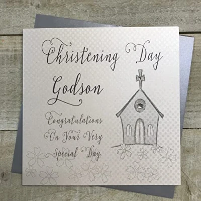 Image of white cotton cards &quot;Silver Church, Christening Day Godson Congratulations Handmade Card, White, WB46C GOD/S NEW, 16cm x