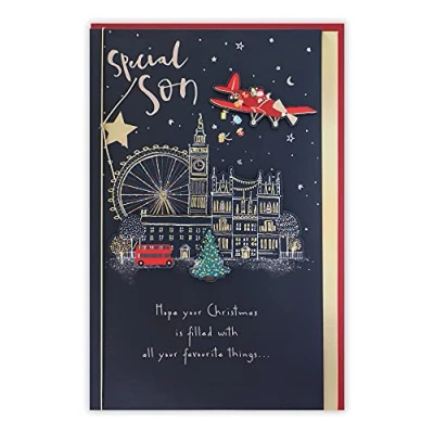 Image of Clintons: Flying Santa over London Eye Son Christmas Card, Card for Son, Xmas Multi Colour, 155 x 235, 1171357