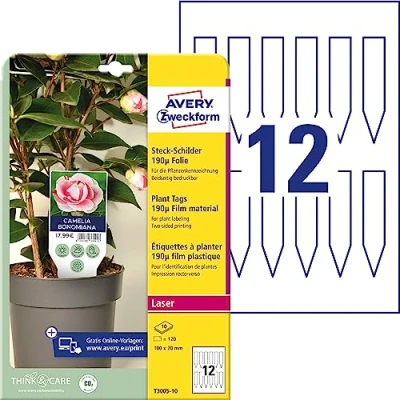 Image of AVERY Zweckform T3005 10 Weatherproof Plug in Signs Pack of 120 (100 x 20 mm on A4, Printable Plant Signs, Tear Resistant, Heavy Duty, Garden Signs) Film, White