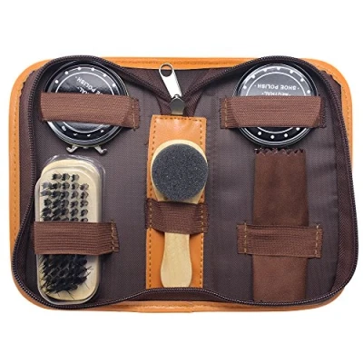 Image of Accessotech Black &amp; Neutral Shoe Shine Polish Cleaning Brushes Set Kit in Travel Case